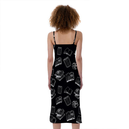 Black And White Books Pattern Print Slim Fit Midi Cami Dress