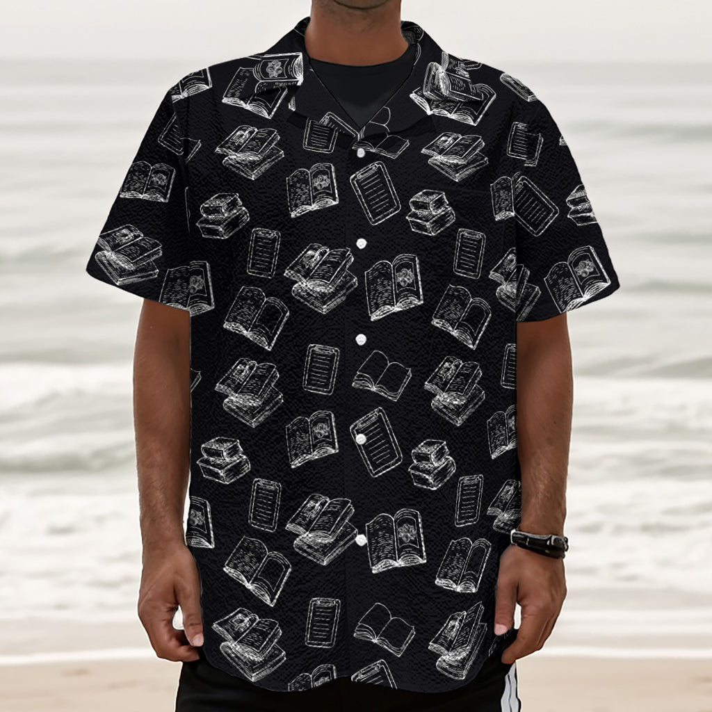 Black And White Books Pattern Print Textured Short Sleeve Shirt