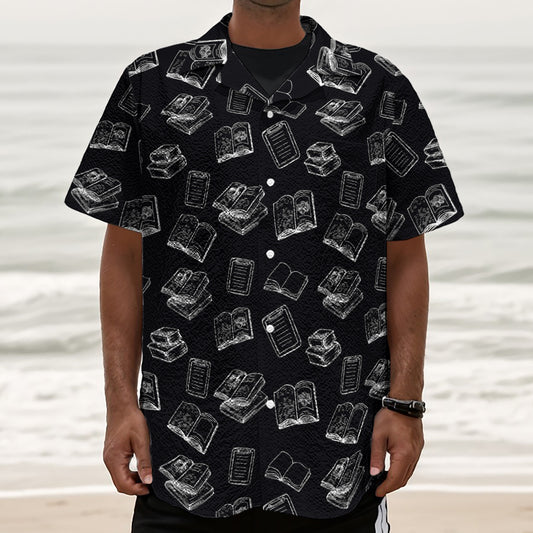 Black And White Books Pattern Print Textured Short Sleeve Shirt