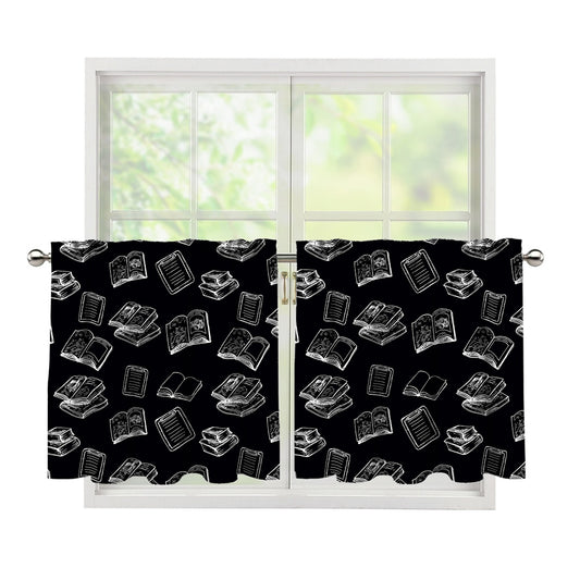 Black And White Books Pattern Print Tier Curtains