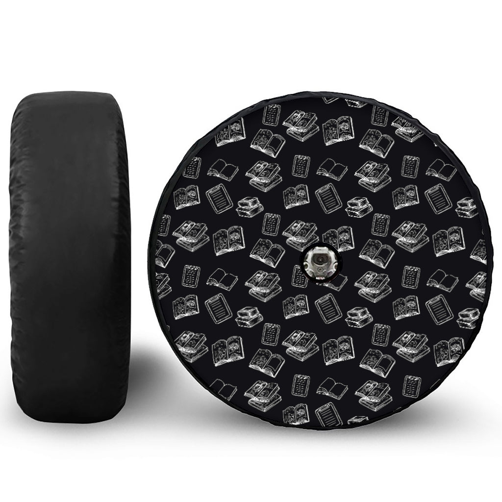 Black And White Books Pattern Print Tire Cover With Camera Hole