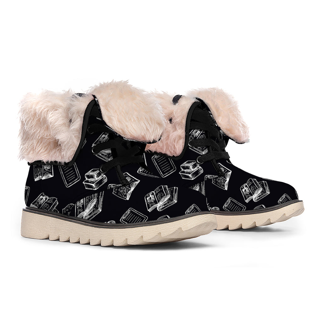 Black And White Books Pattern Print Winter Boots