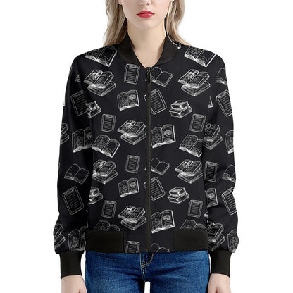 Black And White Books Pattern Print Women's Bomber Jacket