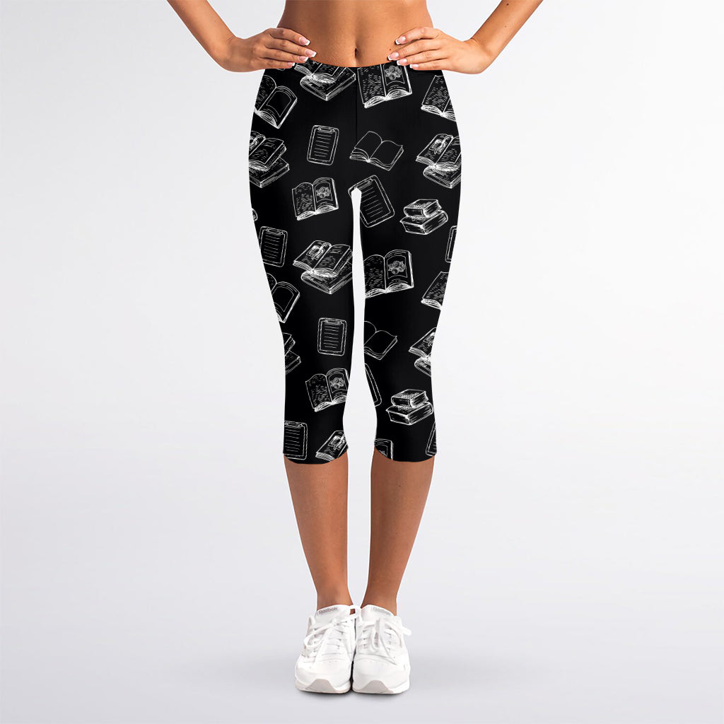 Black And White Books Pattern Print Women's Capri Leggings