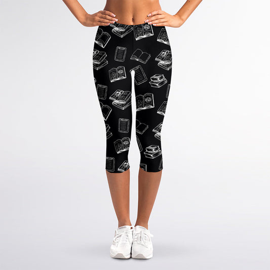 Black And White Books Pattern Print Women's Capri Leggings