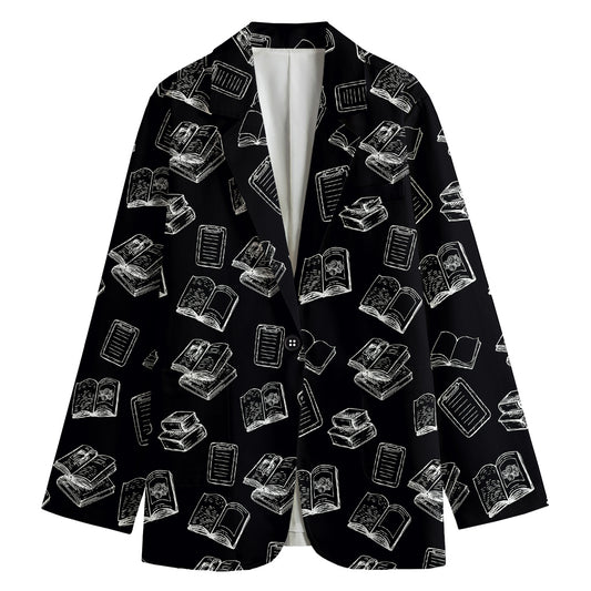Black And White Books Pattern Print Women's Cotton Blazer