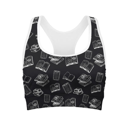 Black And White Books Pattern Print Women's Sports Bra