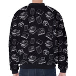 Black And White Books Pattern Print Zip Sleeve Bomber Jacket