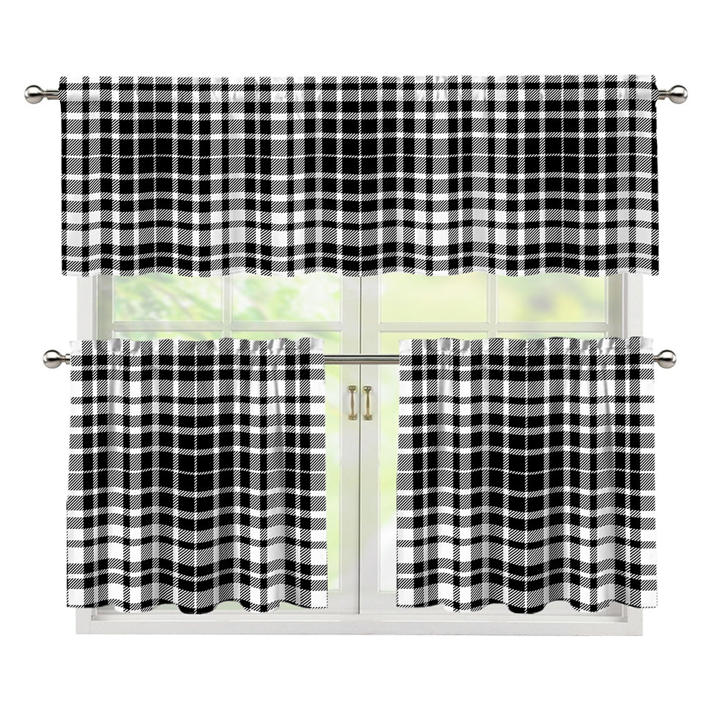 Black And White Border Tartan Print 3 Piece Kitchen Curtains