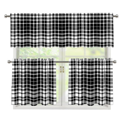 Black And White Border Tartan Print 3 Piece Kitchen Curtains