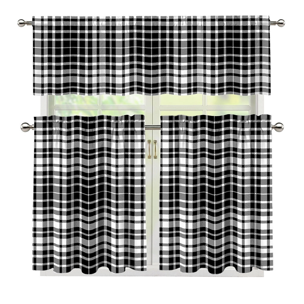 Black And White Border Tartan Print 3 Piece Kitchen Curtains