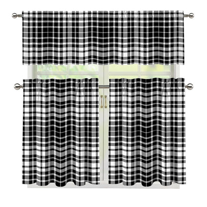 Black And White Border Tartan Print 3 Piece Kitchen Curtains