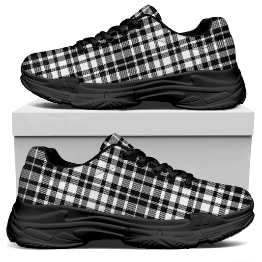 Black And White Border Tartan Print Black Chunky Shoes