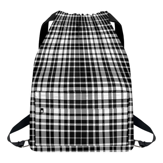 Black And White Border Tartan Print Drawstring Backpack