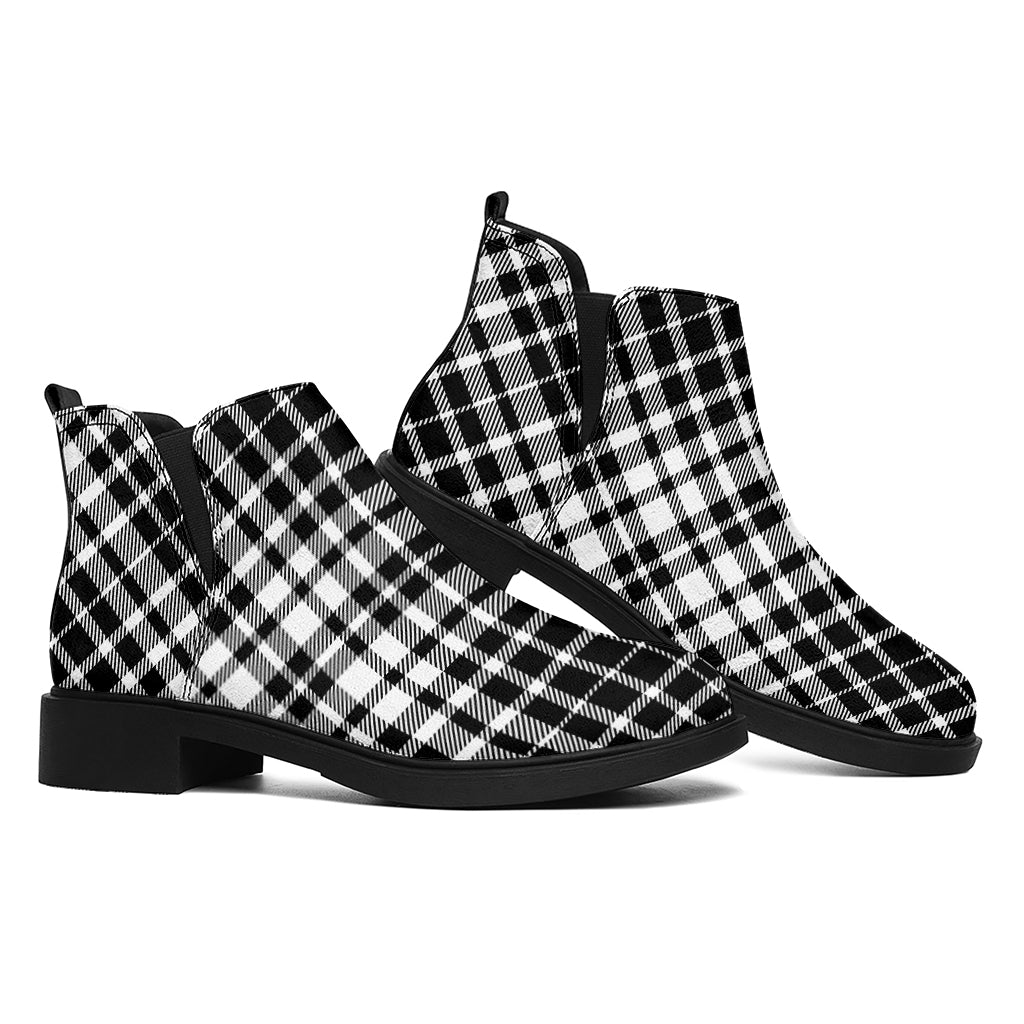 Black And White Border Tartan Print Flat Ankle Boots