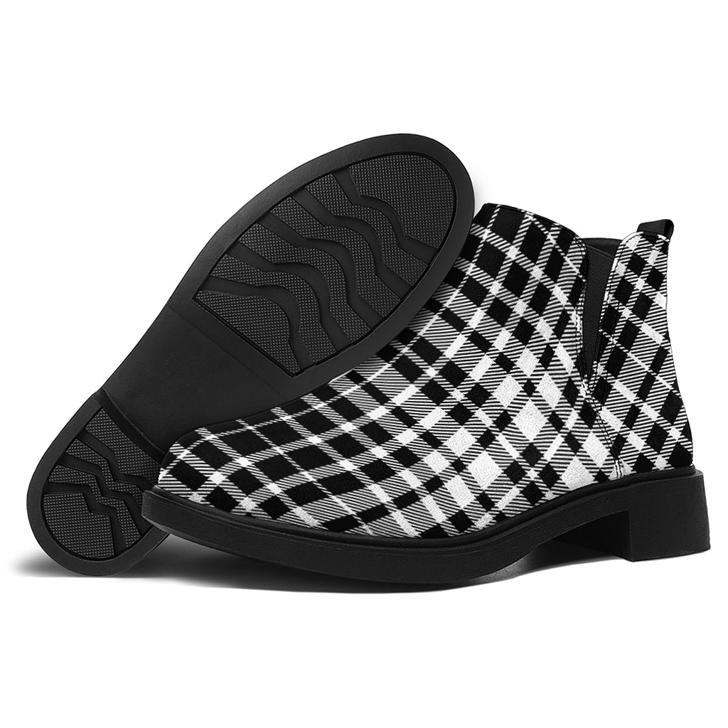 Black And White Border Tartan Print Flat Ankle Boots