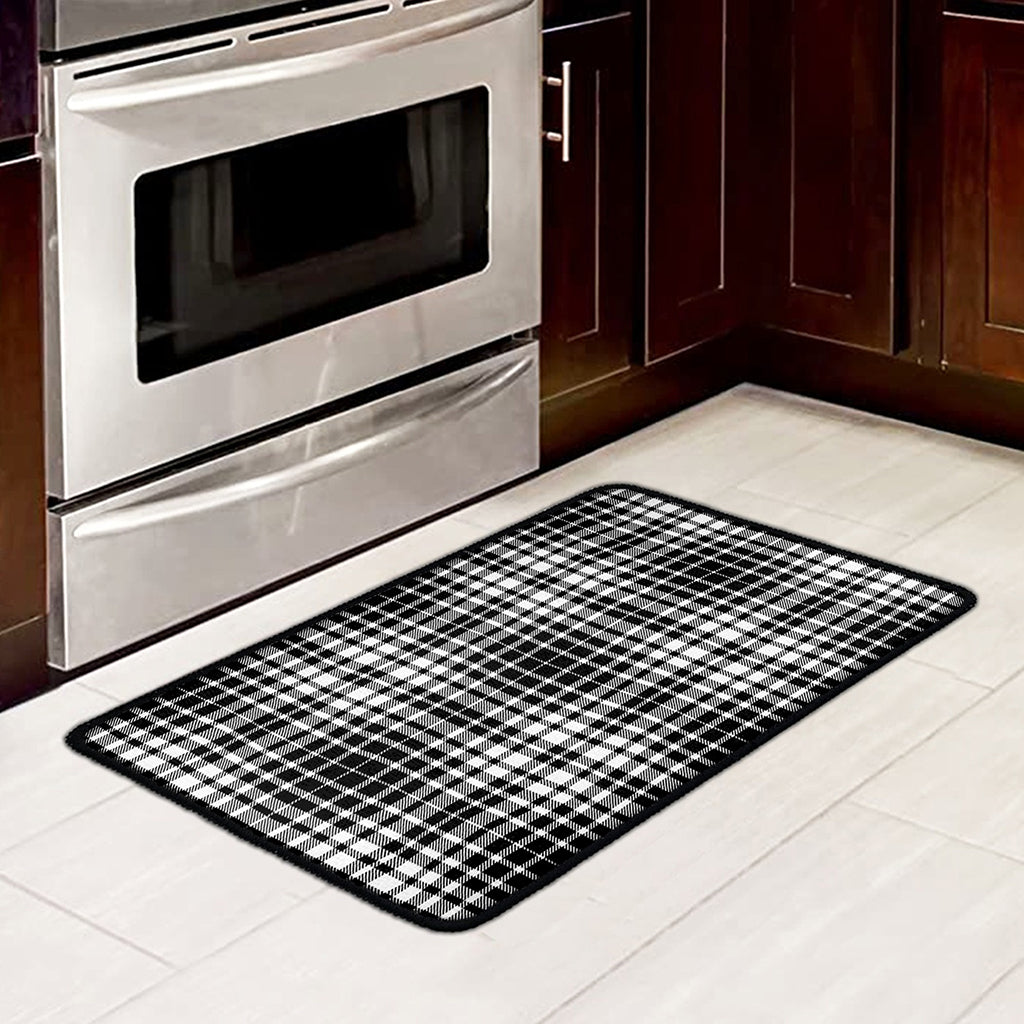 Black And White Border Tartan Print Kitchen Mat