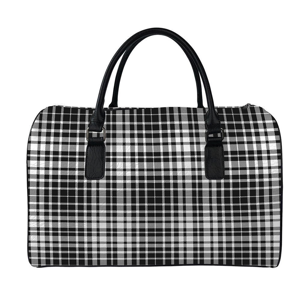 Black And White Border Tartan Print Leather Duffle Bag