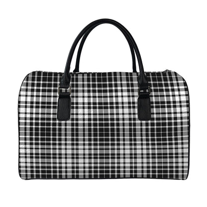 Black And White Border Tartan Print Leather Duffle Bag