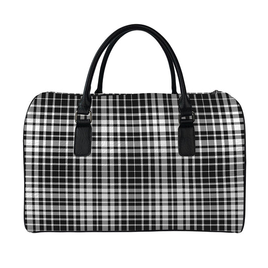Black And White Border Tartan Print Leather Duffle Bag