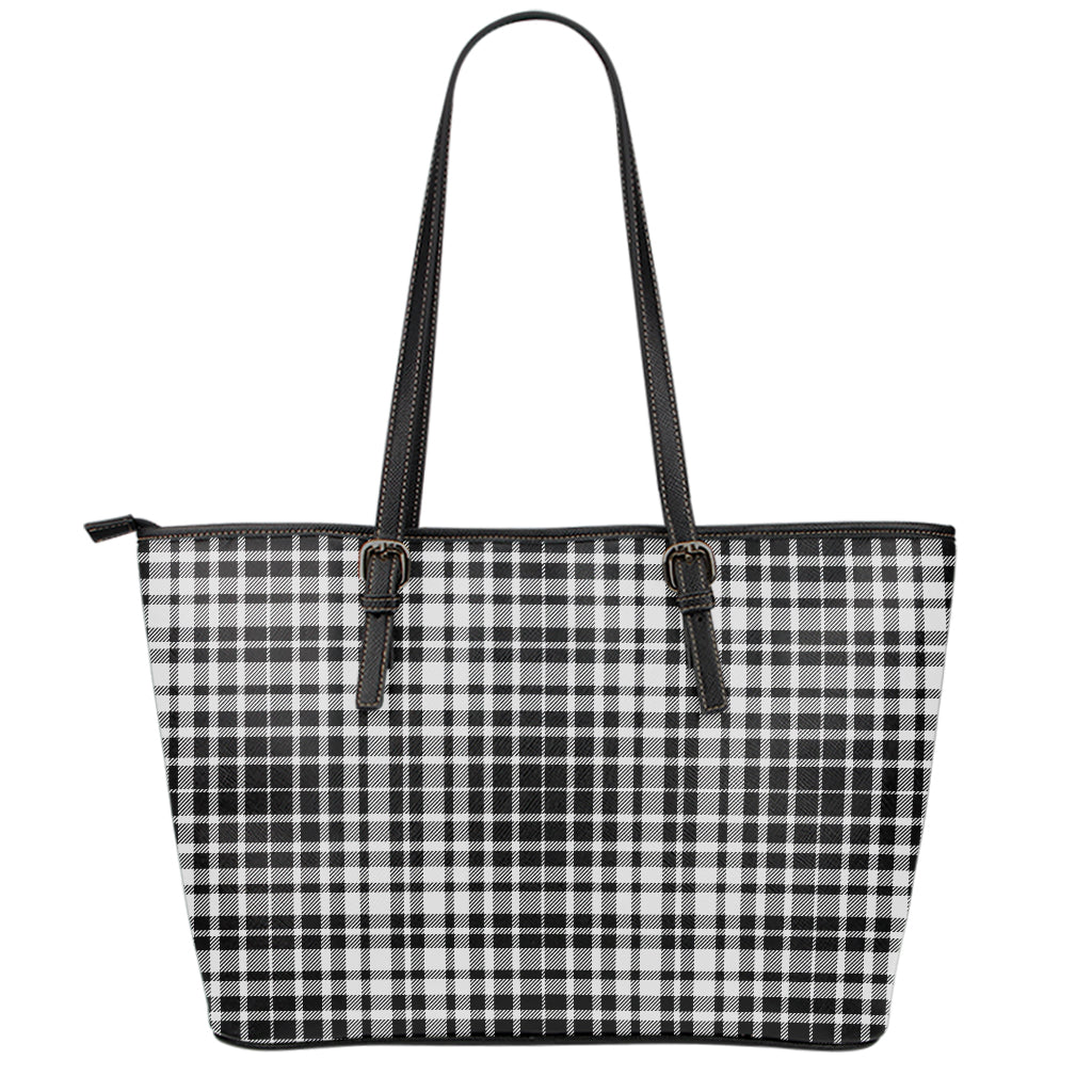 Black And White Border Tartan Print Leather Tote Bag