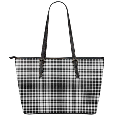 Black And White Border Tartan Print Leather Tote Bag