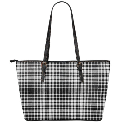 Black And White Border Tartan Print Leather Tote Bag