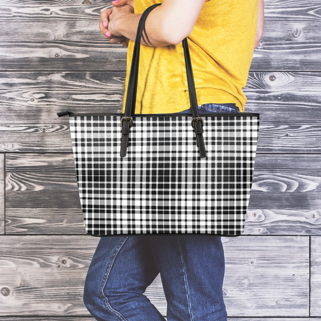 Black And White Border Tartan Print Leather Tote Bag