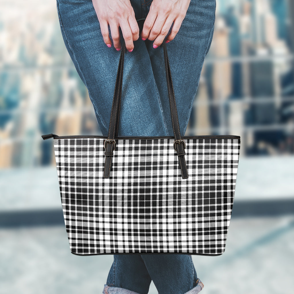 Black And White Border Tartan Print Leather Tote Bag