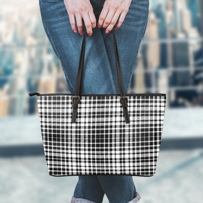 Black And White Border Tartan Print Leather Tote Bag