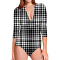 Black And White Border Tartan Print Long Sleeve Swimsuit