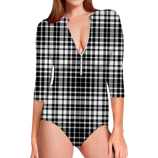 Black And White Border Tartan Print Long Sleeve Swimsuit