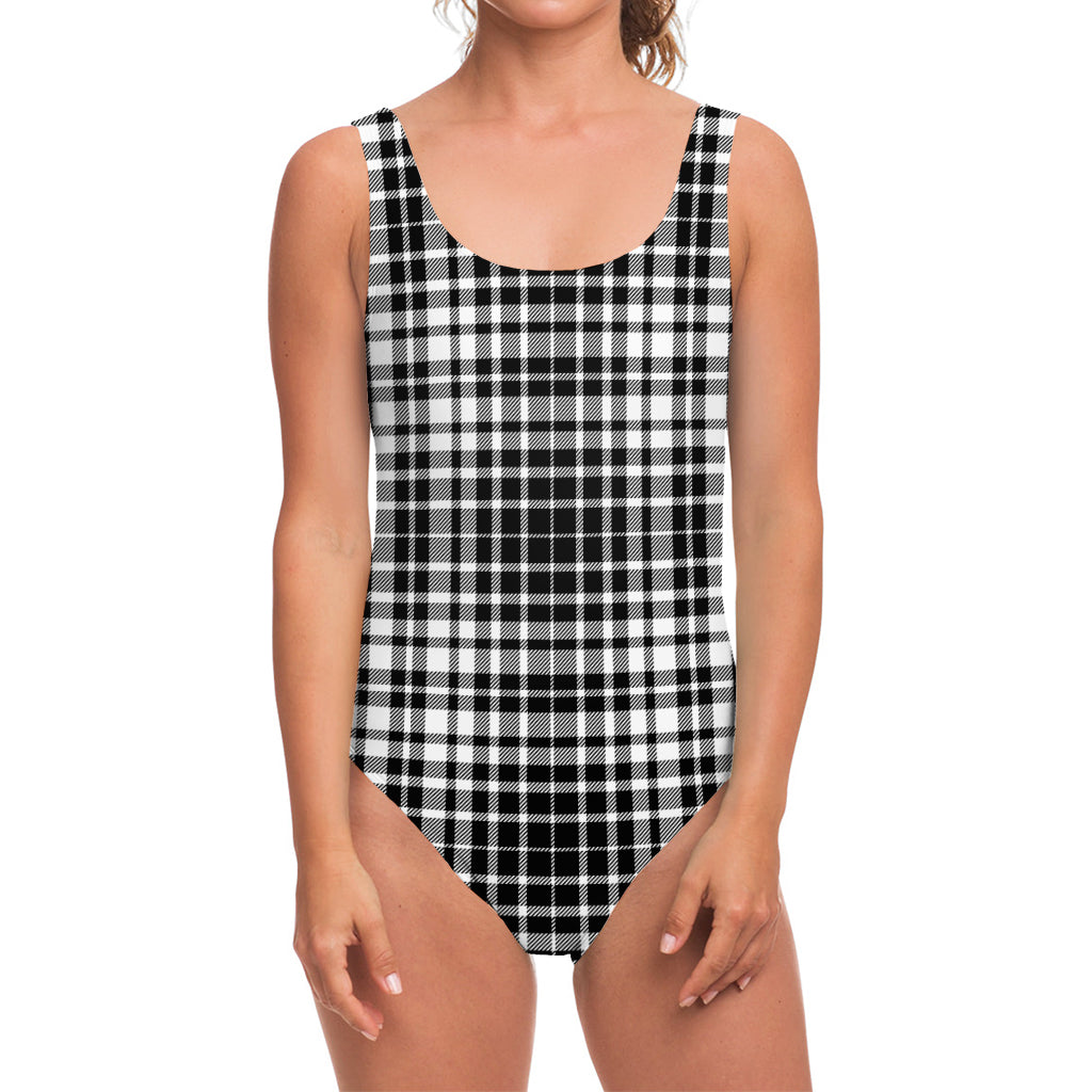 Black And White Border Tartan Print One Piece Swimsuit