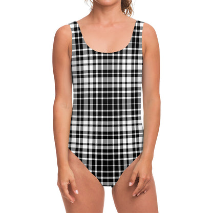 Black And White Border Tartan Print One Piece Swimsuit
