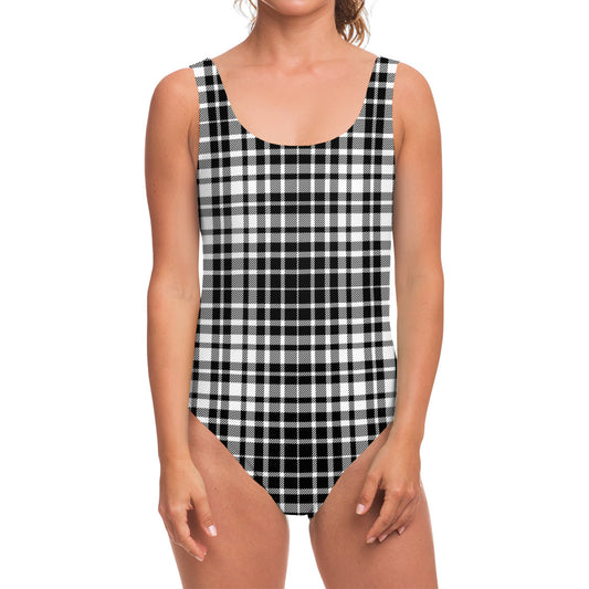 Black And White Border Tartan Print One Piece Swimsuit