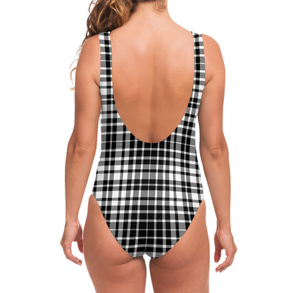 Black And White Border Tartan Print One Piece Swimsuit