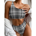 Black And White Border Tartan Print One Shoulder Bikini Set