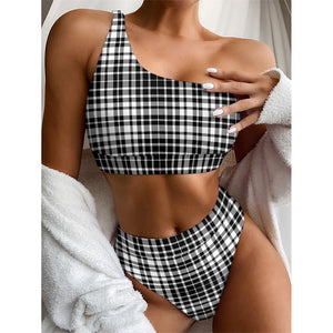 Black And White Border Tartan Print One Shoulder Bikini Top