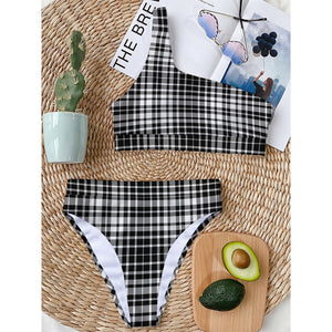 Black And White Border Tartan Print One Shoulder Bikini Top