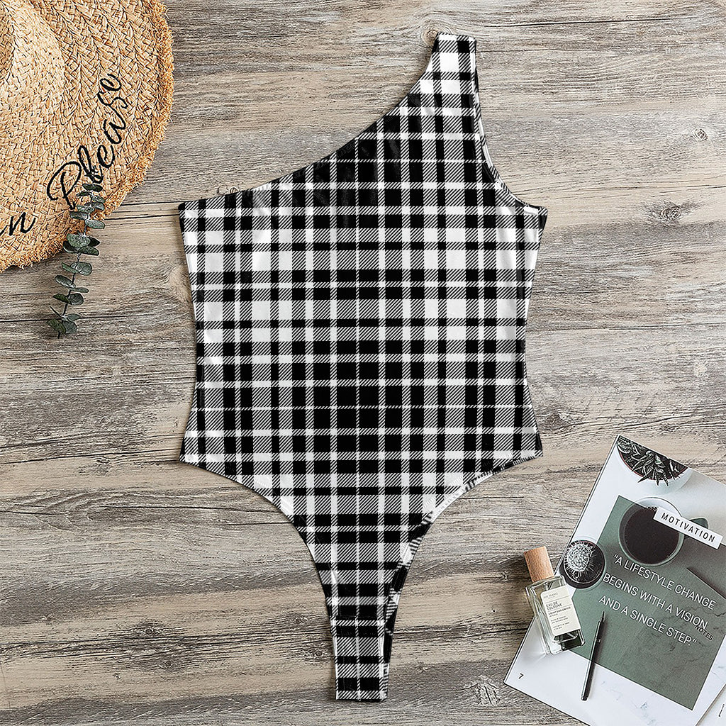 Black And White Border Tartan Print One Shoulder Bodysuit