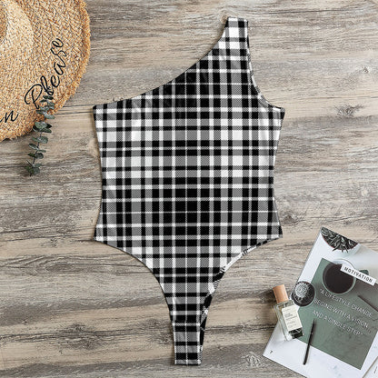 Black And White Border Tartan Print One Shoulder Bodysuit