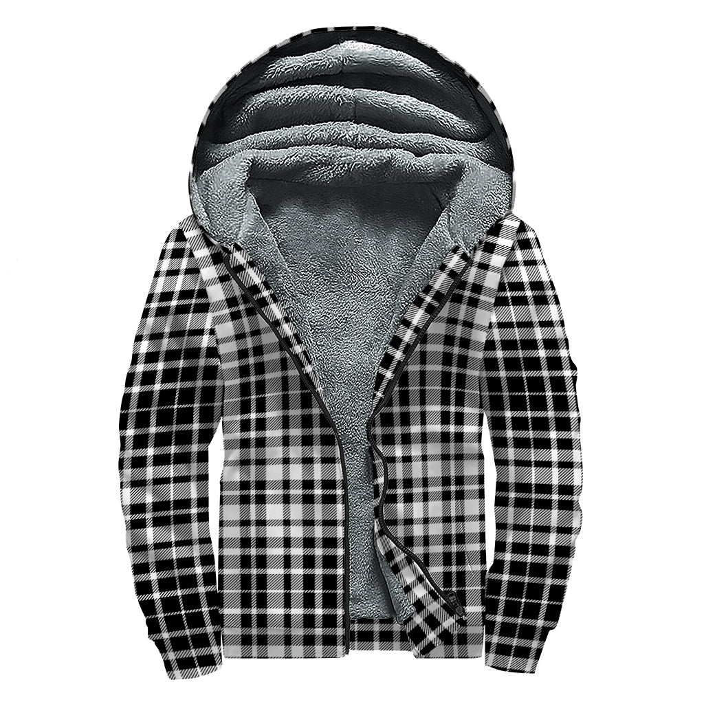 Black And White Border Tartan Print Sherpa Lined Zip Up Hoodie