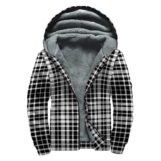 Black And White Border Tartan Print Sherpa Lined Zip Up Hoodie