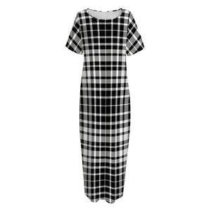 Black And White Border Tartan Print Short Sleeve Long Nightdress