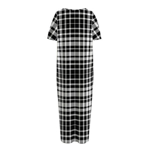 Black And White Border Tartan Print Short Sleeve Long Nightdress