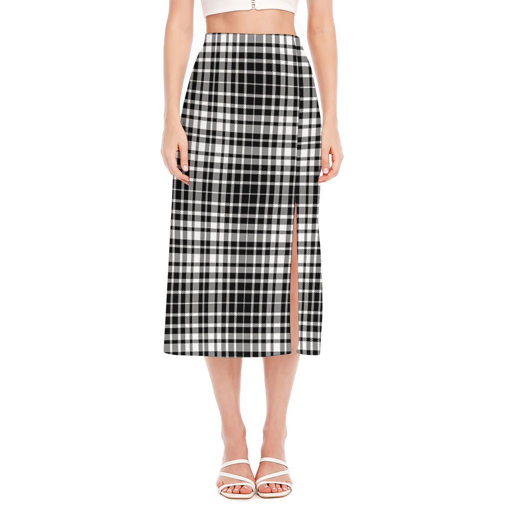 Black And White Border Tartan Print Side Slit Midi Skirt