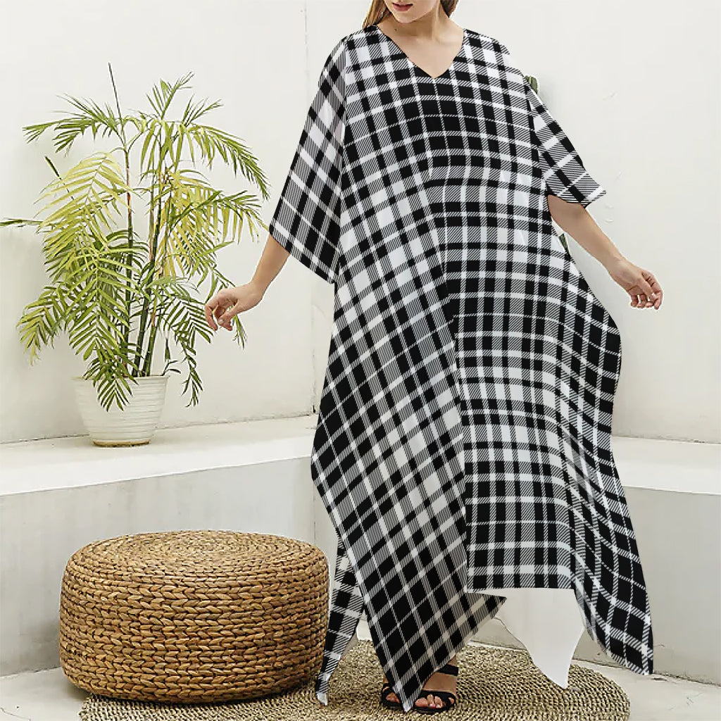 Black And White Border Tartan Print Silk V-Neck Kaftan Dress