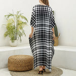 Black And White Border Tartan Print Silk V-Neck Kaftan Dress