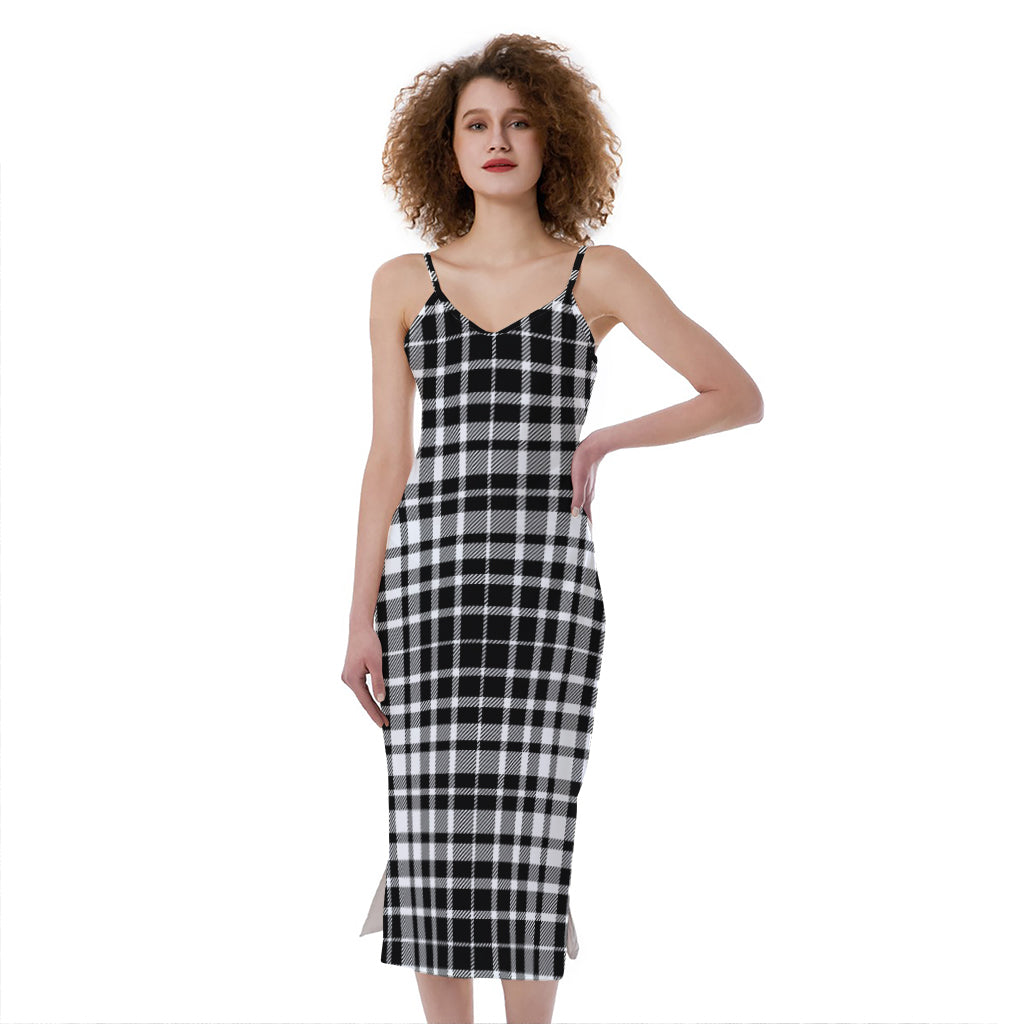 Black And White Border Tartan Print Slim Fit Midi Cami Dress