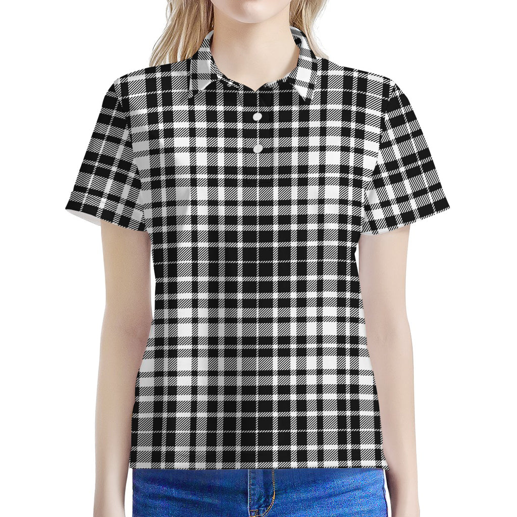 Black And White Border Tartan Print Women's Polo Shirt
